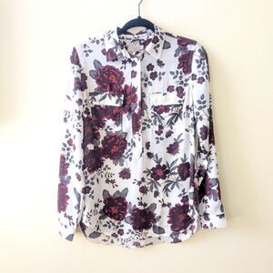Loft Women's Long Sleeve Roll Tab Popover Blouse Floral Semi Sheer Size Small